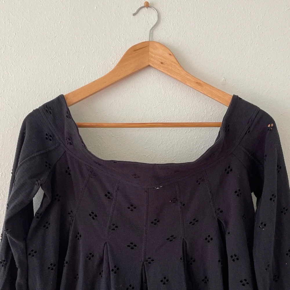 Free People Eyelet Blouse Flare Sleeve Washed Boho Black Medium